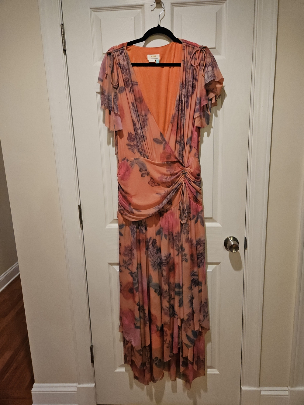 Maeve A+nthropologie Peach and Pink Floral High-Low Wrap Dress